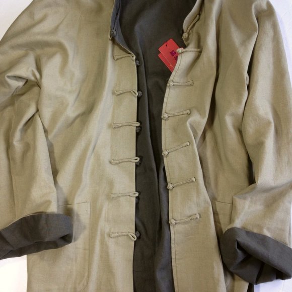 Mens Chinese Tang Jacket Linen Viscose Reversible Green Beige NEW WITH TAGS 2XL - Picture 3 of 11